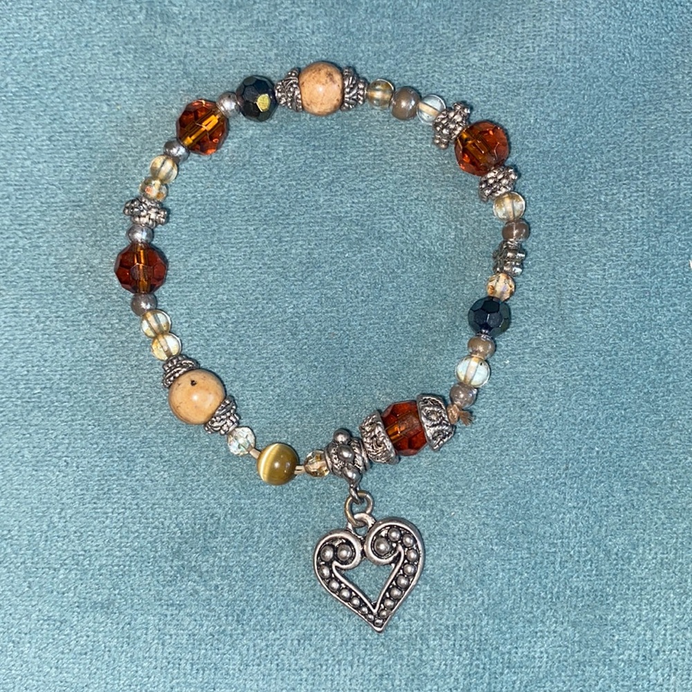 Amber Crystal Silver Wood Beads Bracelet with Heart Charm